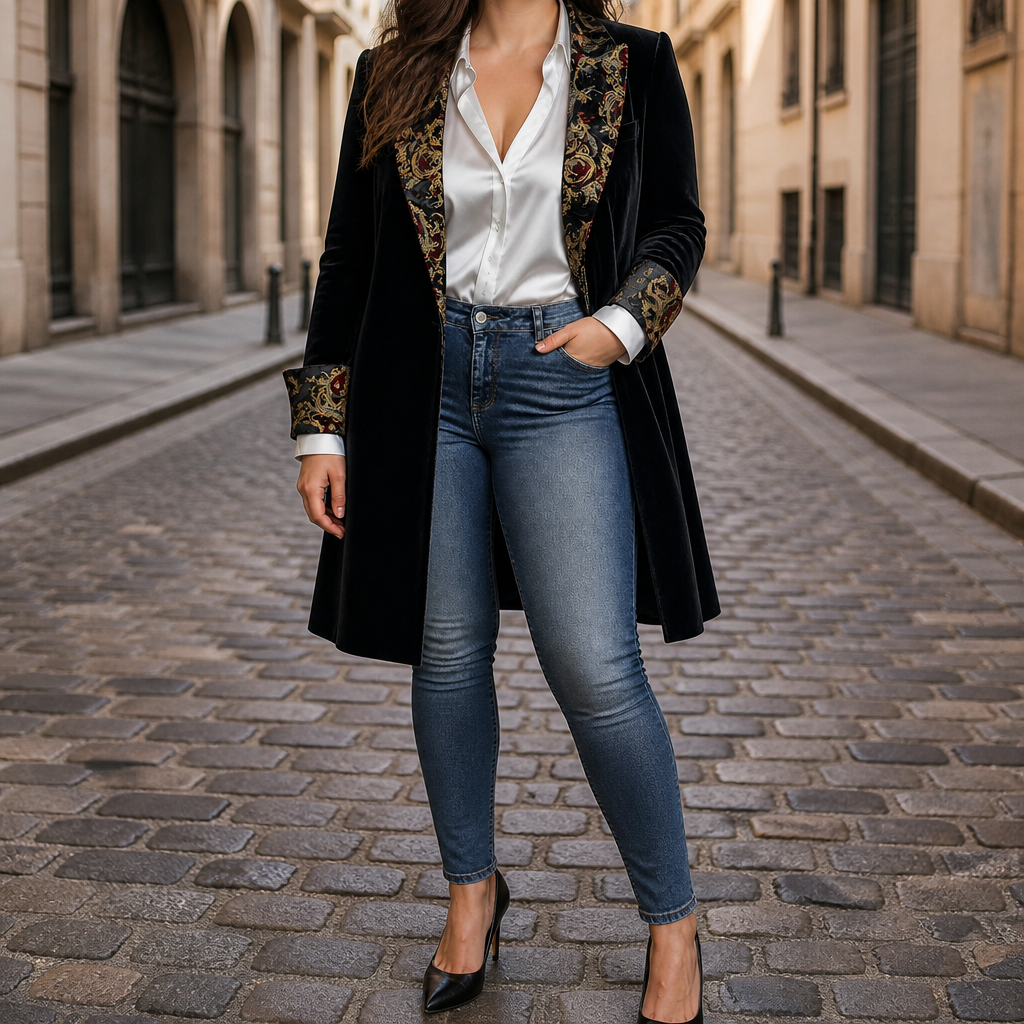 Women's Embroidered Longline Slim Fit Blazer Jacket - Black