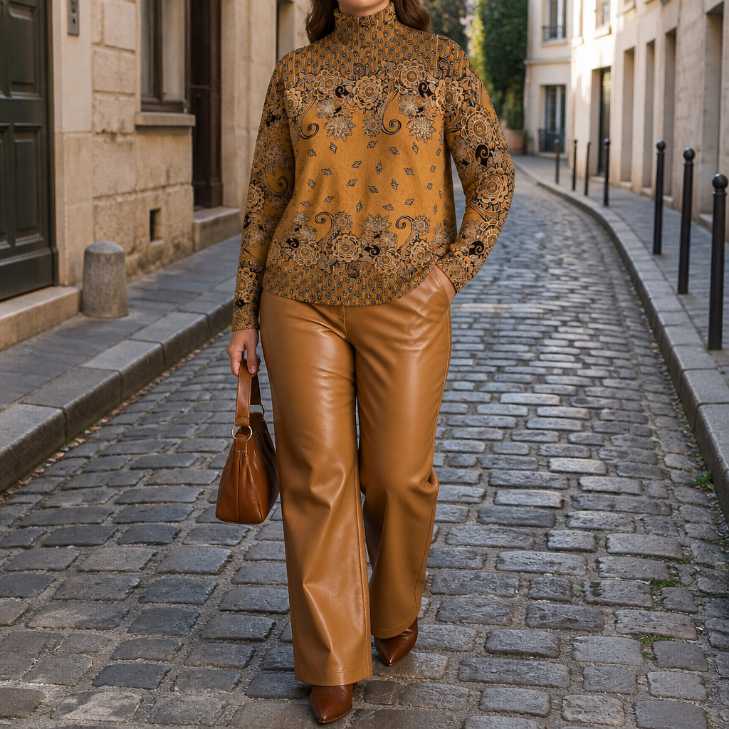 Women's Paisley Print Oversized Mock Neck Top - Caramel Paisley