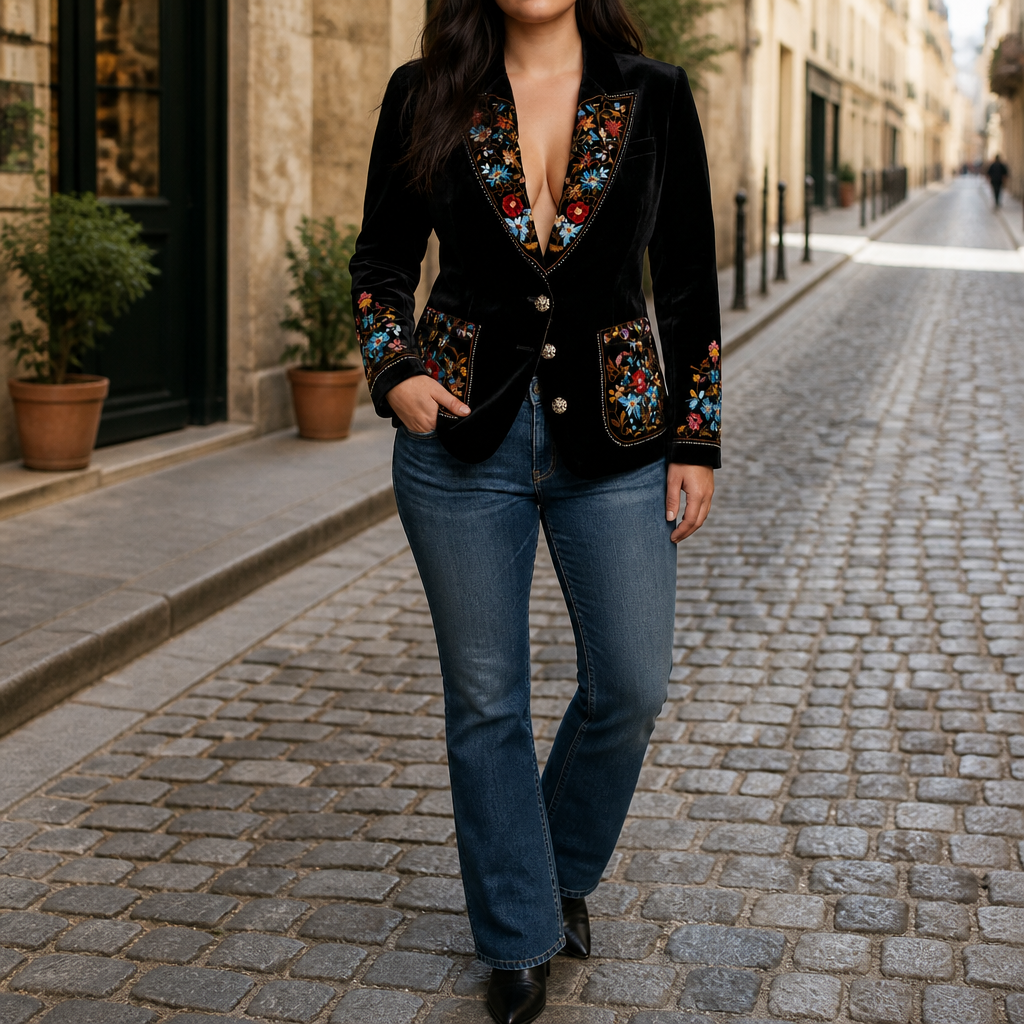 Women's Floral Embroidered Single Breasted Blazer Jacket - Black