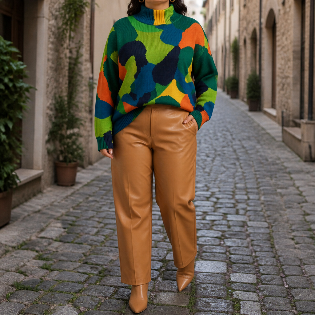 Women's Abstract Color Block Oversized Turtleneck Sweater - Abstract Color Block