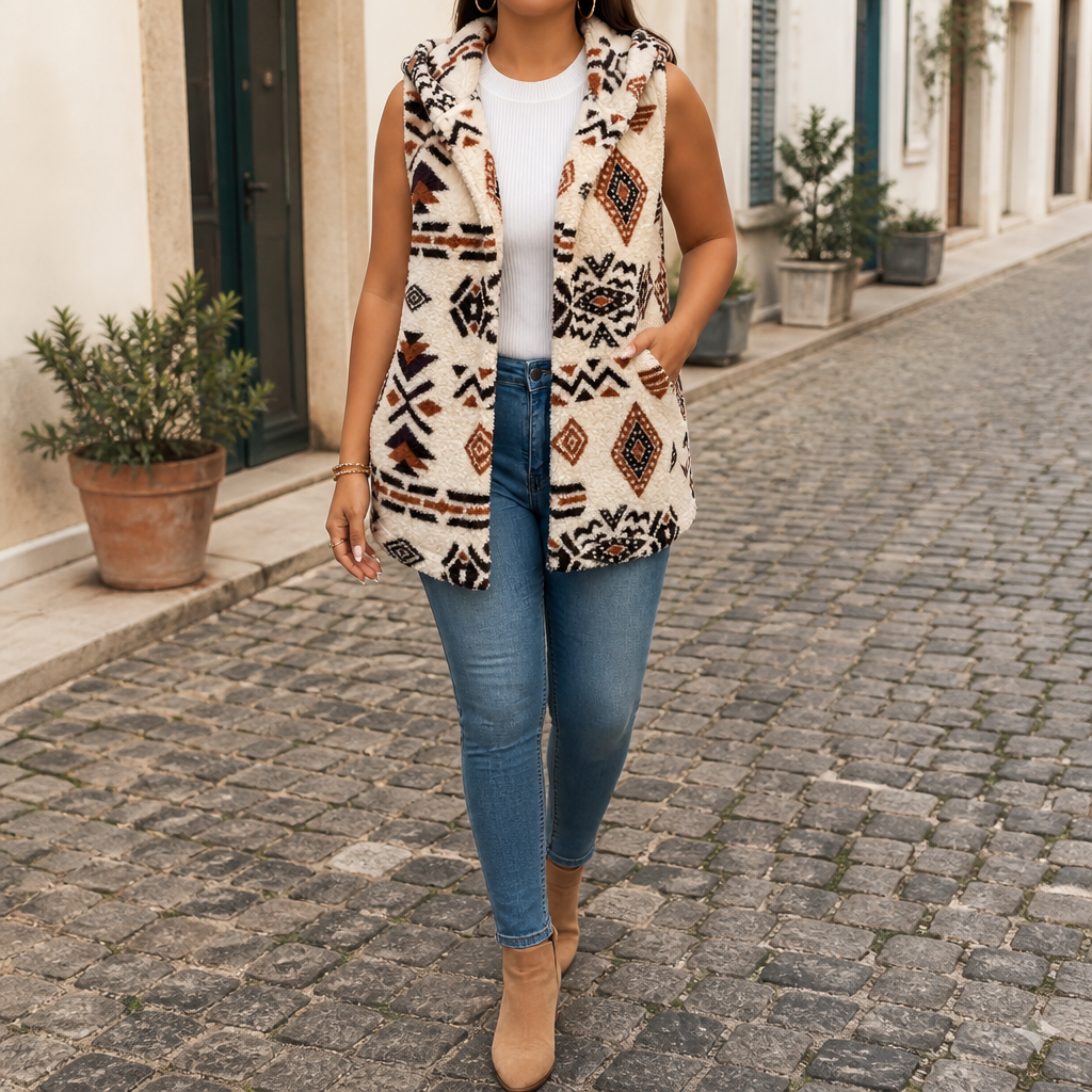 Women's Hooded Aztec Sherpa Vest Open Front - Cream Aztec