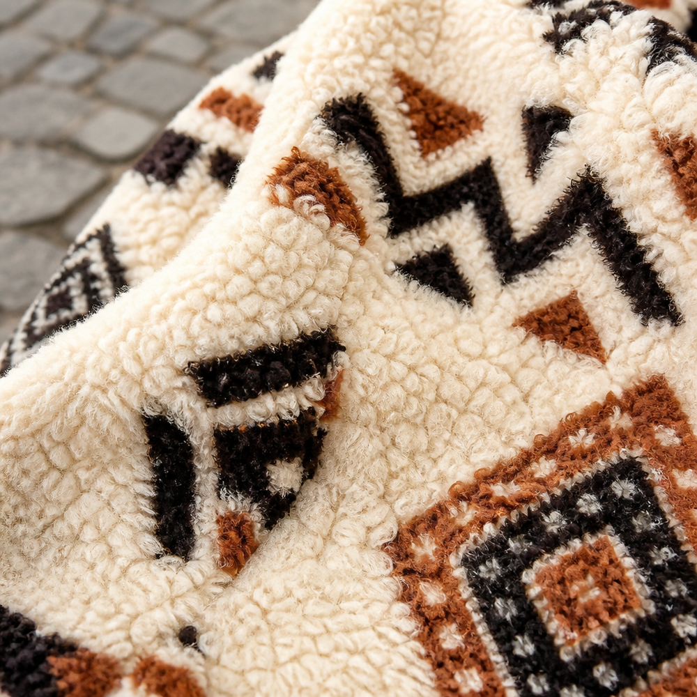 Women's Hooded Aztec Sherpa Vest Open Front - Cream Aztec
