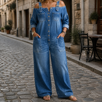 Women's Off Shoulder Wide Leg Denim Jumpsuit