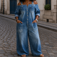 Women's Off Shoulder Denim Shirt Jumpsuit