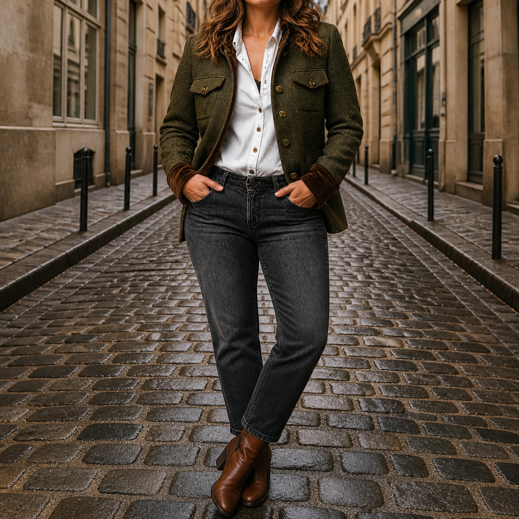 Women's Herringbone Tweed Contrast Trim Blazer Jacket - Olive