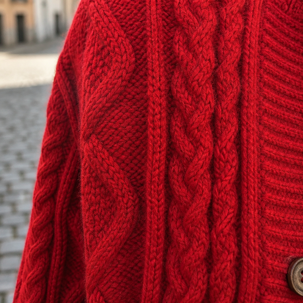 Women's Chunky Crew Neck Cable Knit Cardigan - Red