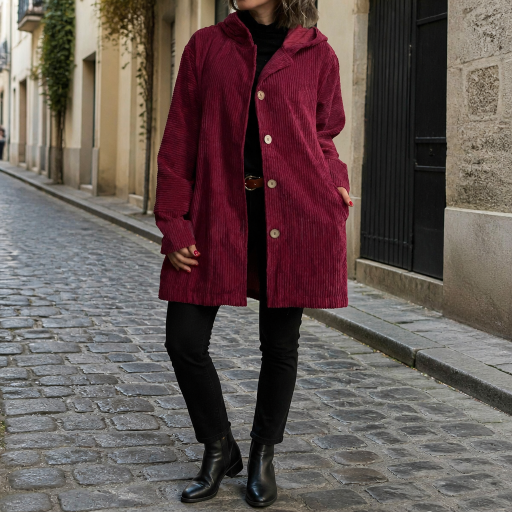 Women's Retro Hooded Wide Wale Corduroy Jacket - Red