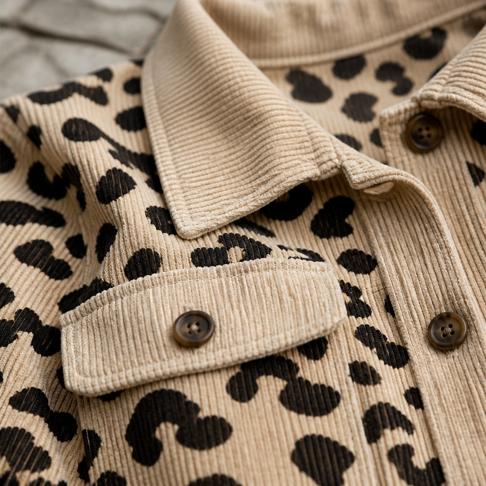 Women's Leopard Print Corduroy Trim Shacket - Apricot
