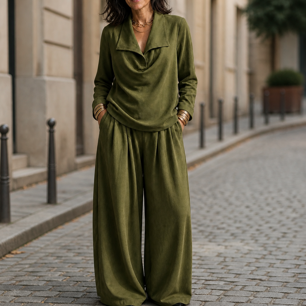 Women's Cowl Neck Top Wide-Leg Pants Set - Olive Green