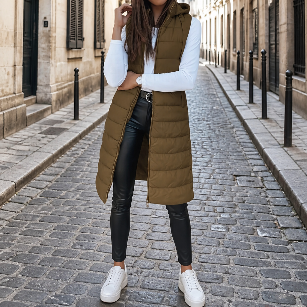 Women's Hooded Long Quilted Puffer Vest - Khaki
