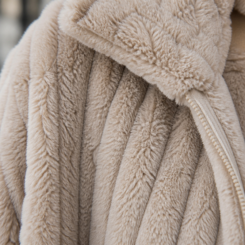 Women's Ribbed Teddy Fleece Wide Collar Jacket - Beige fabric