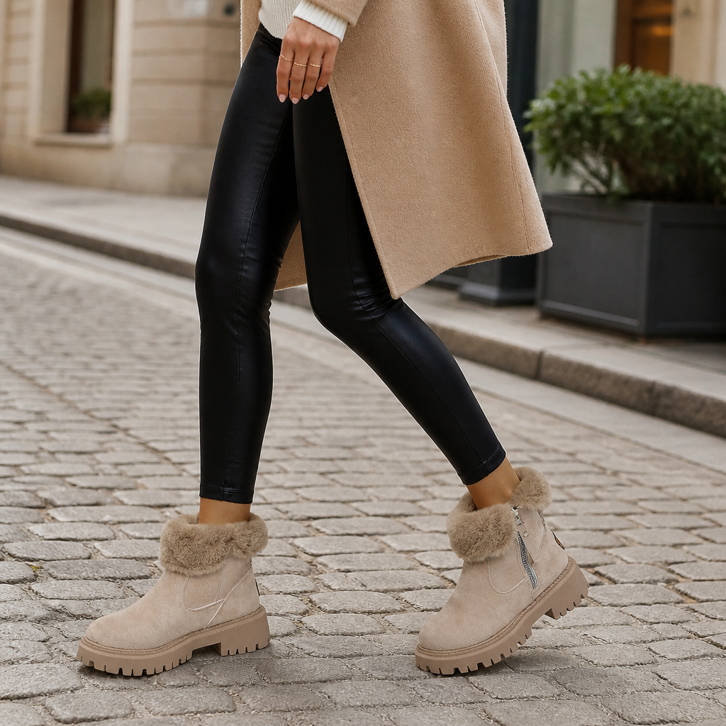 Women's Fur Collar Platform Winter Ankle Boots - Khaki