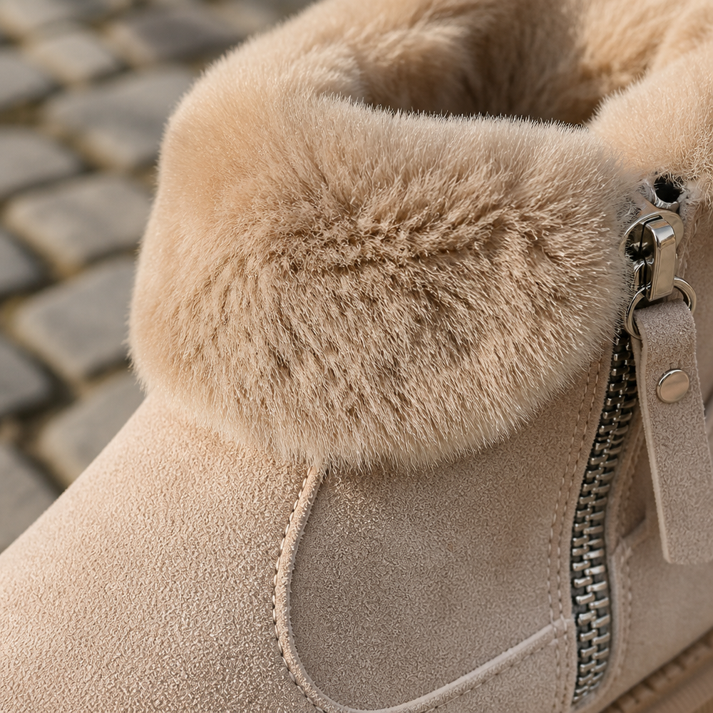Women's Fur Collar Platform Winter Ankle Boots - Khaki fabric