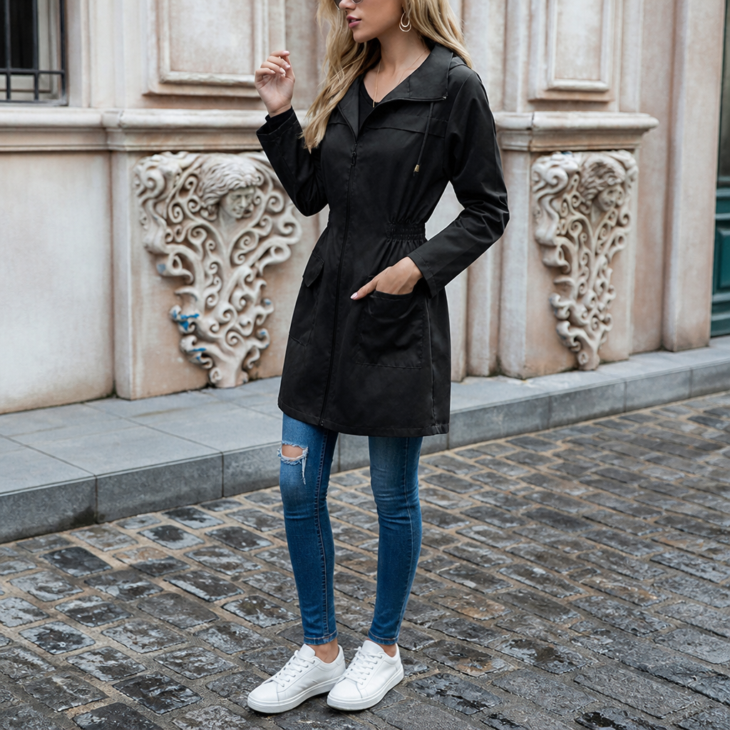 Women's Lightweight Hooded Cinched Waist Rain Jacket - Black