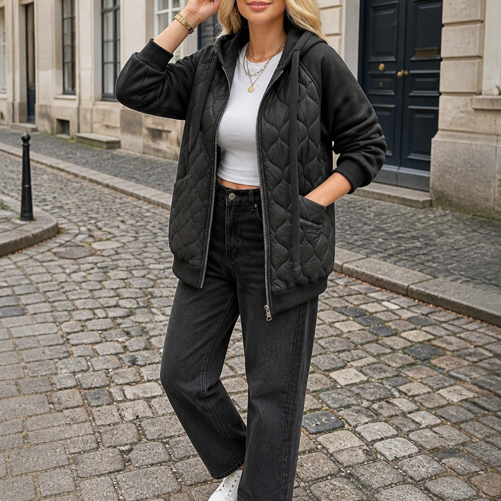 Women's Black Quilted Hooded Fleece Sleeve Jacket - BLACK