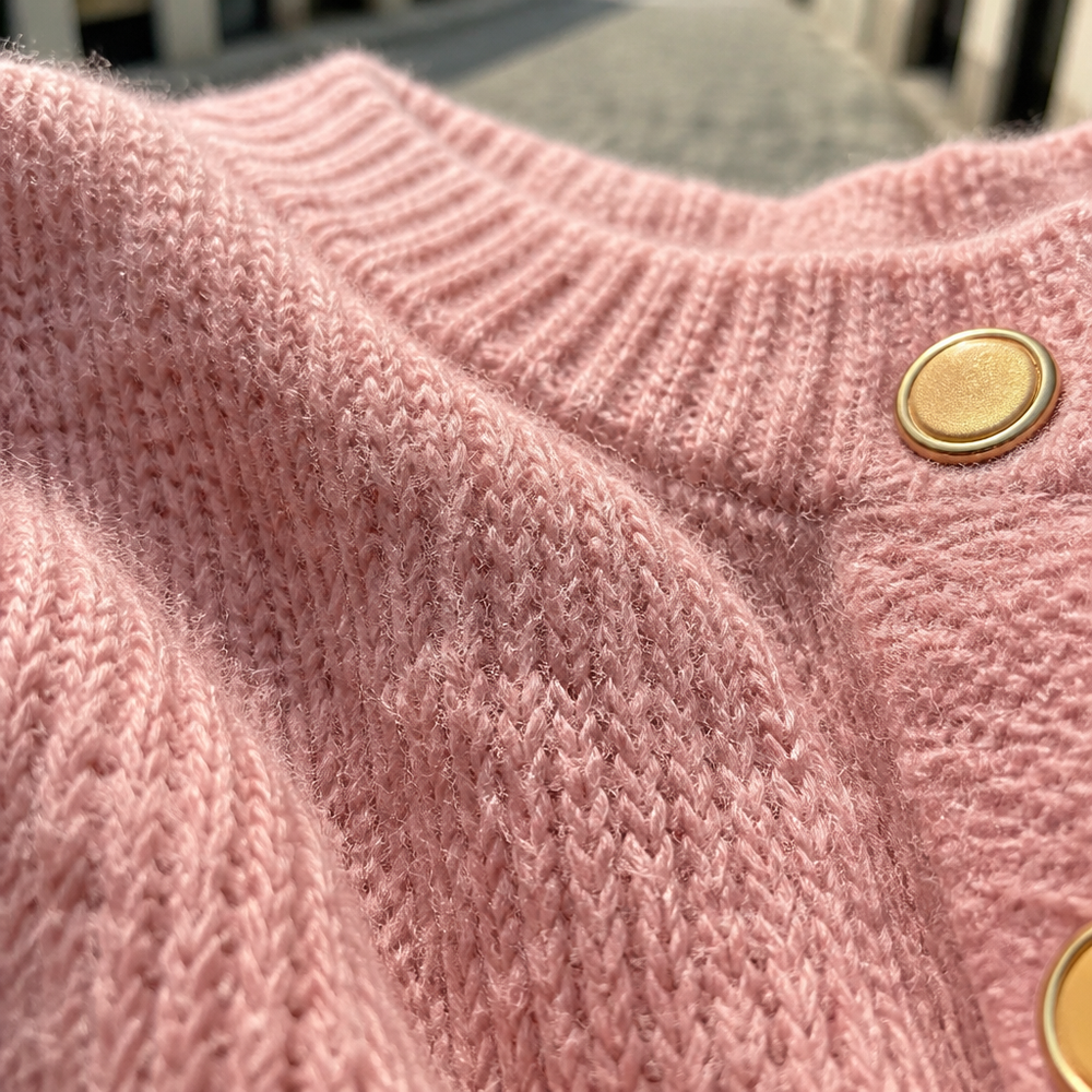 Women's Gold Button Crew Neck Cardigan Sweater - Pink fabric