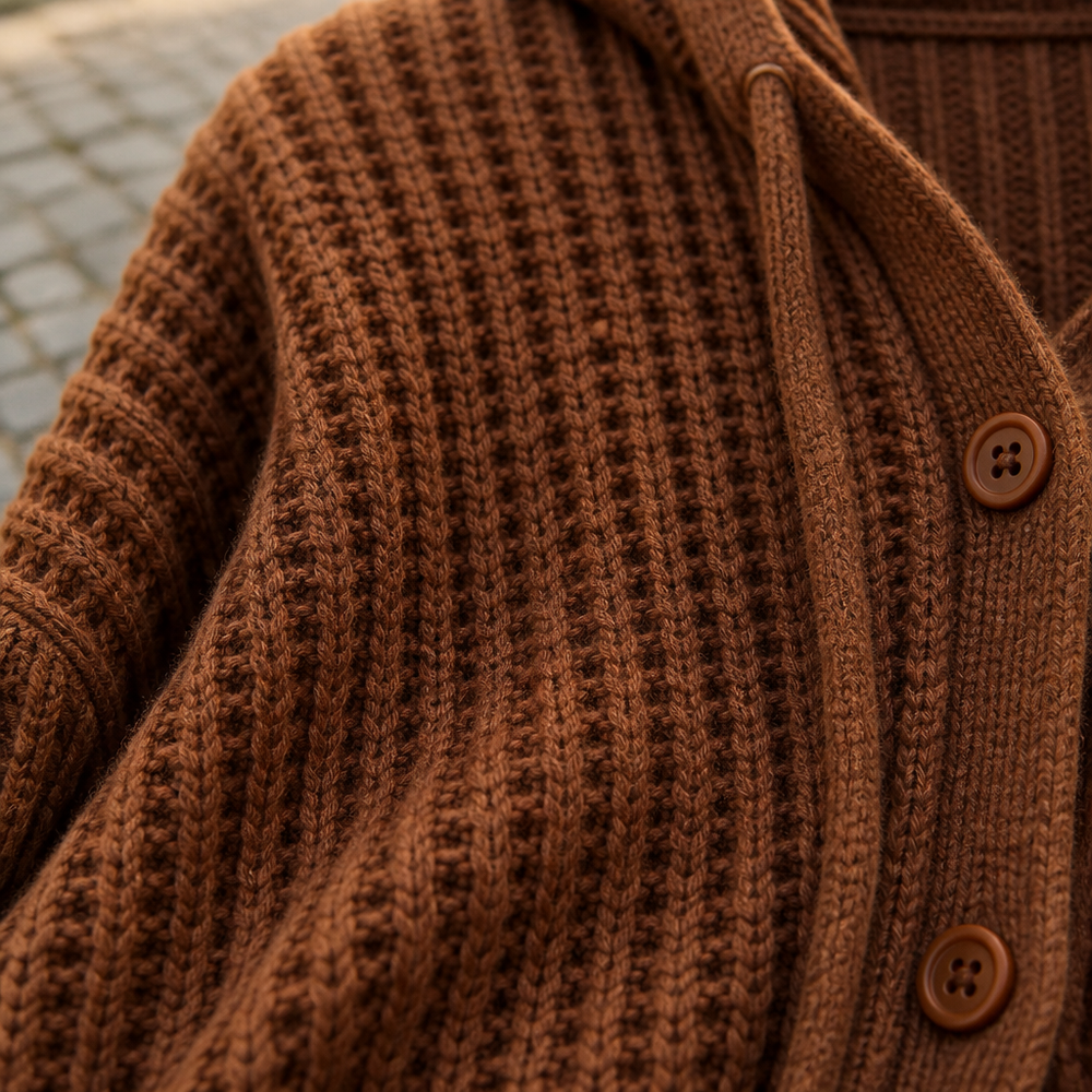 Women's Hooded Waffle Knit Cardigan Sweater - Brown fabric