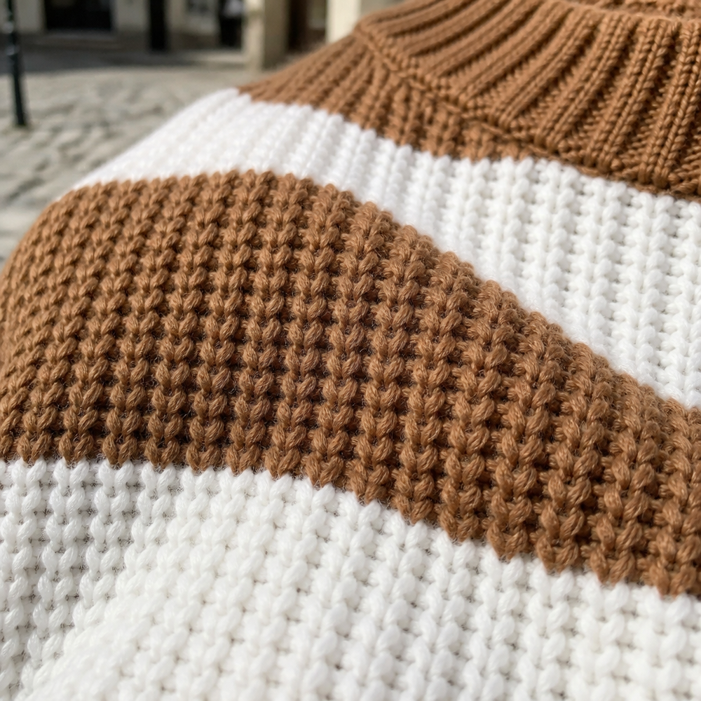 Women's Wide Striped Chunky Knit Crew Neck Sweater - Brown fabric