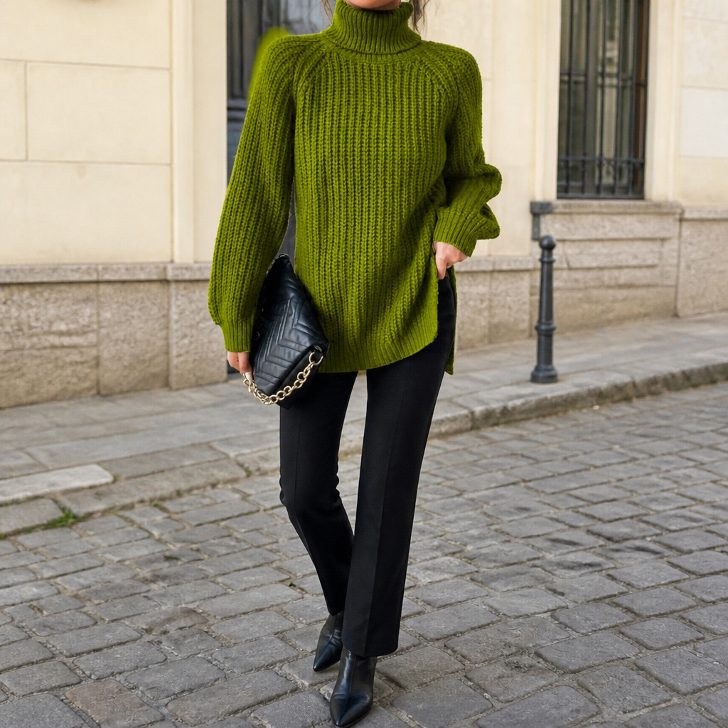 Women's Side Slit Chunky Knit Turtleneck Sweater - Green