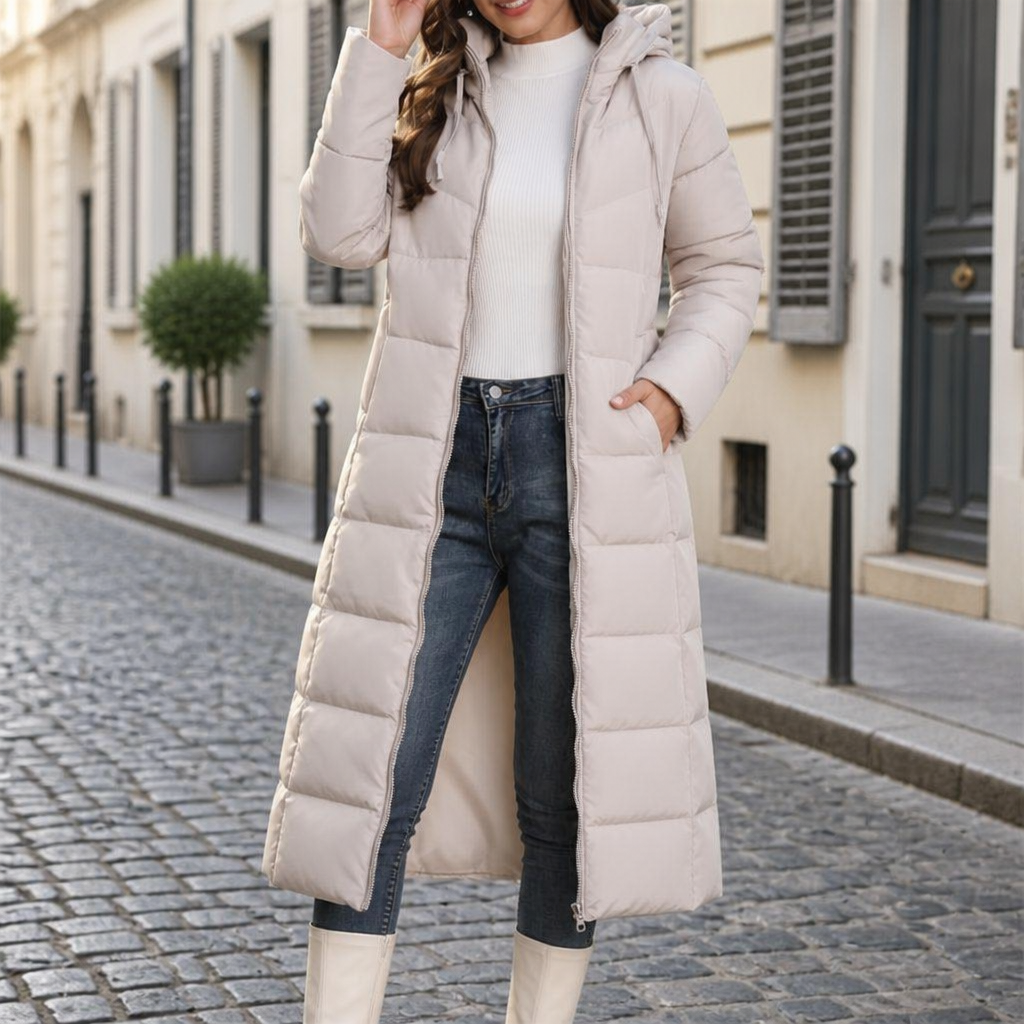 Women's Long Hooded Winter Puffer Coat - BEIGE