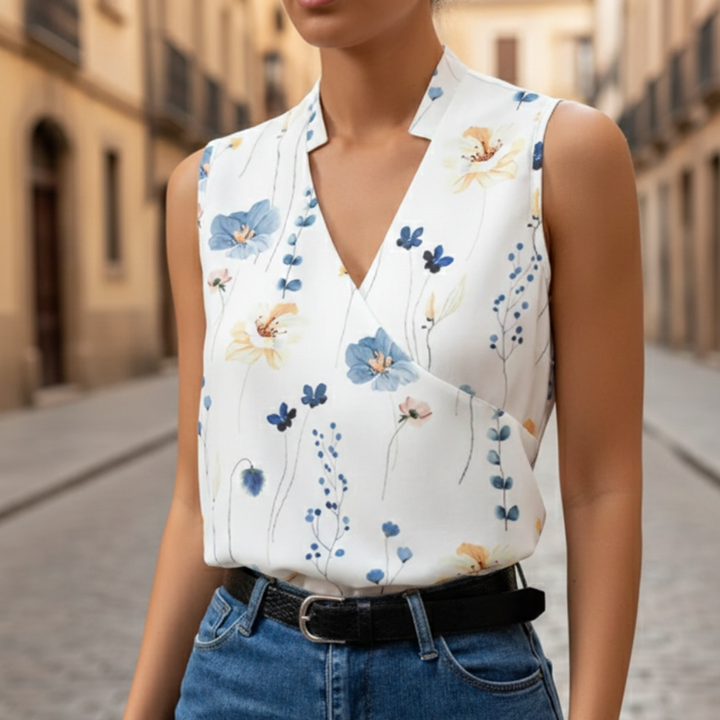 Sleeveless Blouse with Crossed V-Neck Solid Color for Women