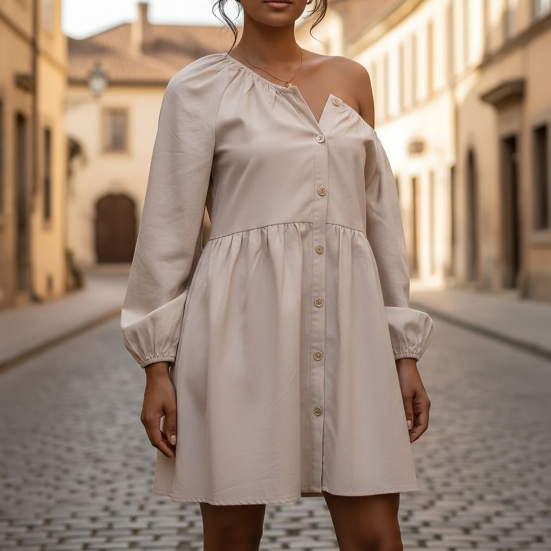 Women's Elegant Trapeze Dress | Modest Long Sleeve with Button Closure 1
