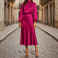 Abito midi in poliestere satinato da donna | Elegante abito da cocktail a collo alto e maniche lunghe