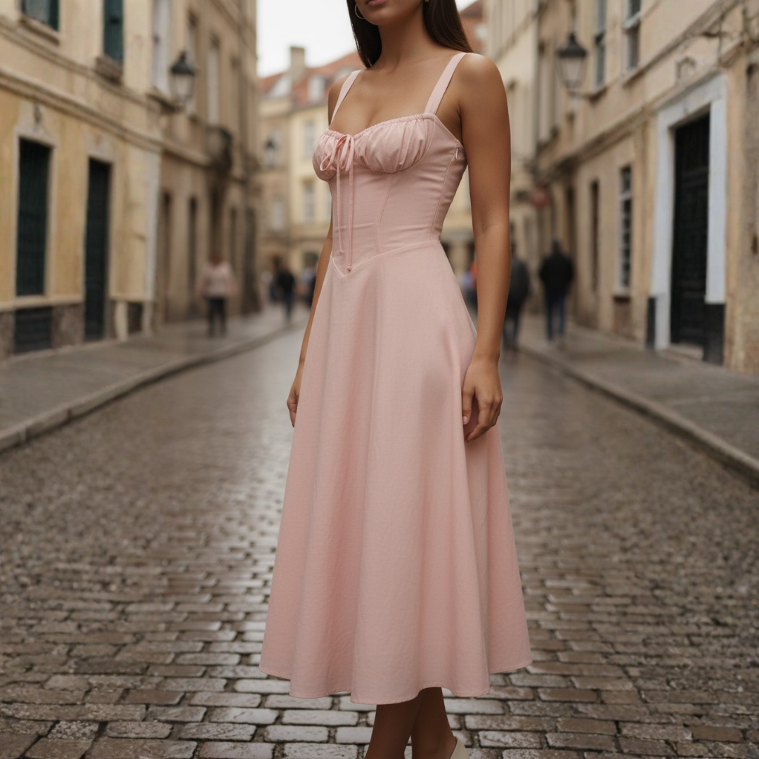 Women's Light Blue Lace-Up Midi Dress | Elegant Flared Summer Outfit 1
