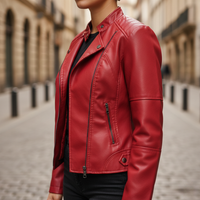 Women's Faux Leather Jacket with Front Zip