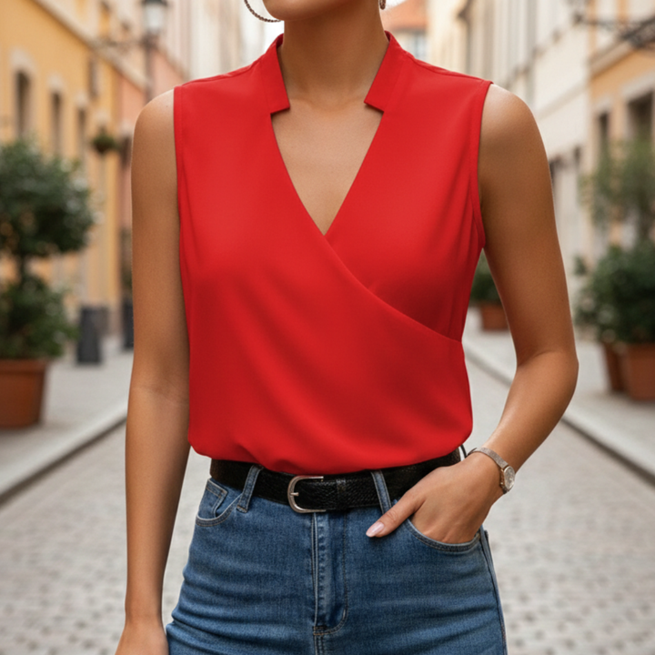 Sleeveless Blouse with Crossed V-Neck Solid Color for Women