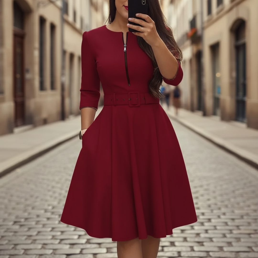 Women's Structured Fabric Flared Dress | Elegant A-Line Autumn Winter Outfit 1