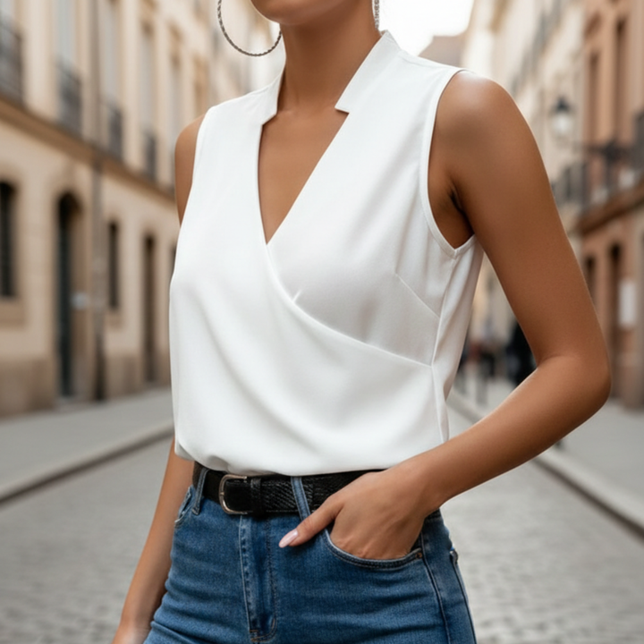 Sleeveless Blouse with Crossed V-Neck Solid Color for Women